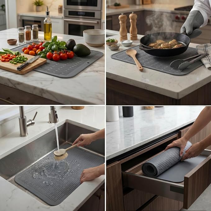 MicoYang Silicone Dish Drying Mat for Multiple Usage,Easy clean,Eco-friendly,Heat-resistant Silicone Mat for Kitchen Counter or Sink,Refrigerator or Drawer Liner Grey 2XL 24 inches x 18 inches