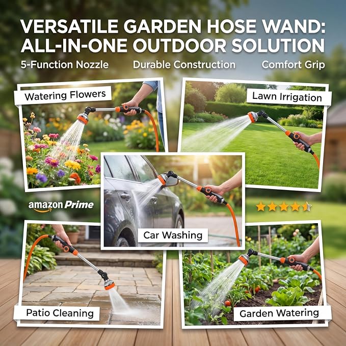 18 Inch Watering Wand for Garden Hose with 8 Spray Patterns | Thumb Flow Control, 8 Spray Patterns, Textured Handle, Hanging Baskets Lawn and Car Washing