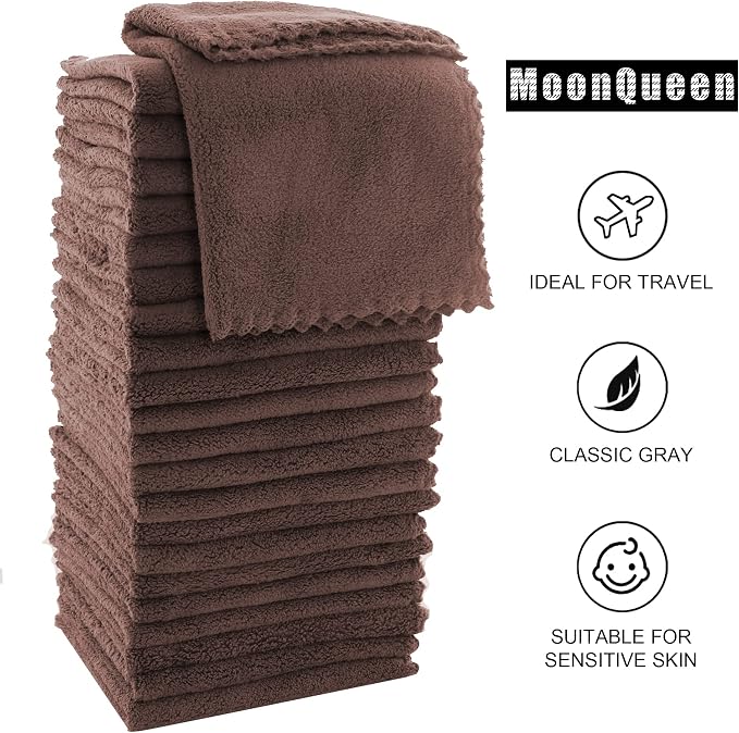MOONQUEEN Ultra Soft Premium Washcloths Set - 12 x 12 inches - 72 Pack - Quick Drying - Highly Absorbent Coral Velvet Bathroom Wash Clothes (Wood Brown)