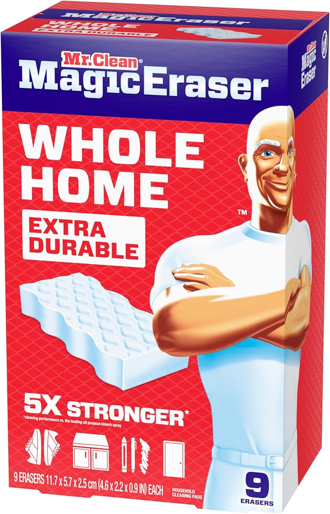 Mr. Clean Magic Eraser Sponge, All Purpose Cleaner, Cleaning Scrubber, Wall, Sneaker, Kitchen, Bathroom, Shower Cleaner, Cleaning Supplies, Melamine Sponge, Cleaning Pads, Extra Durable, 9ct