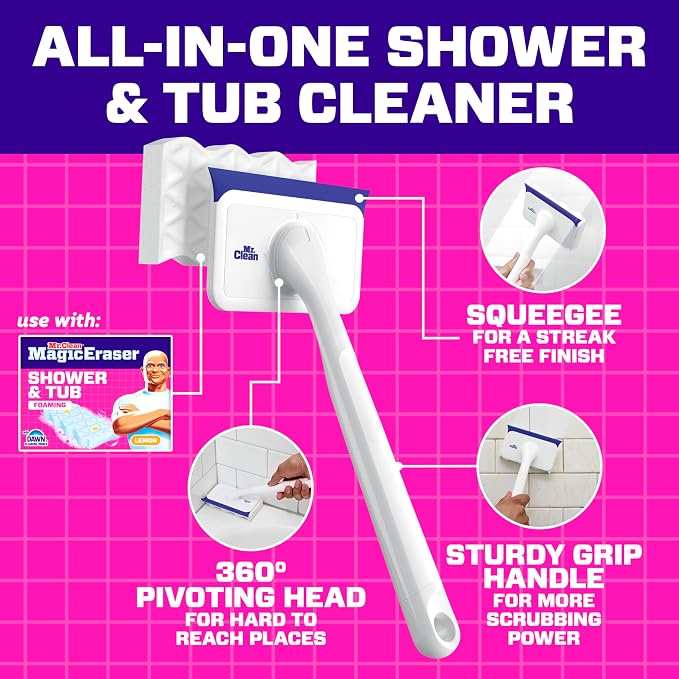 Mr. Clean Magic Eraser Shower & Tub Scrubber, Bathroom Cleaner, All in One Bathroom Cleaner, Lemon Starter Kit, 1 Scrubber & 2 Foaming Magic Erasers (Pack of 8)
