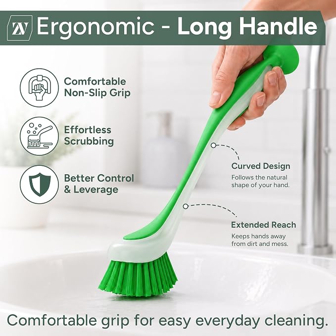 Zuvo Dish Brush Set of 3 with Suction Cup – Dish Scrubber & Cleaning Brush | Long-handle kitchen scrub brush, PET bristles, for dishes, pots, pans, sink & cast iron, 3 assorted colors, suction base