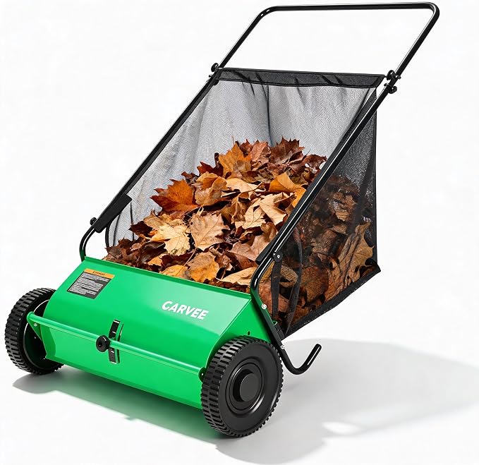 Garvee Push Lawn Sweeper, 26" Leaf & Grass Collector with 7Cu.ft Hopper Bag | Heavy Duty Yard Sweeper with Clear Dust Cover & Large Collection Bag for Leaves, Grass Clippings, for Lawn Yard Cleanup