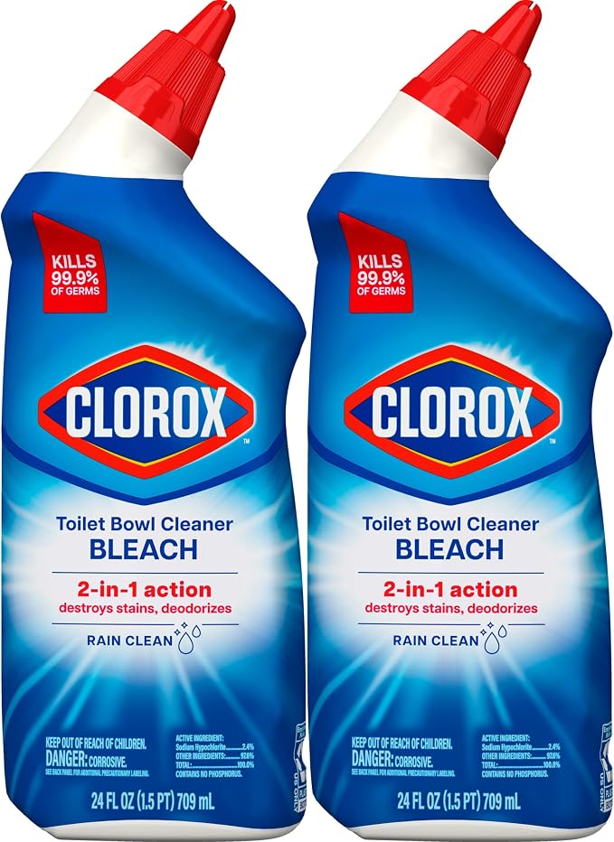 Clorox Toilet Bowl Cleaner with Bleach, Rain Clean Scent, Kills 99.9% of Germs, Removes Toilet Rings and Mold Stains, 24 fl oz, Pack of 2