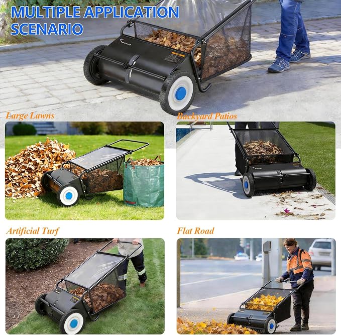 26 Inch Push Powered Garden Sweeper for Grass Clippings, Leaves & Debris – Manual Push Yard Sweeper