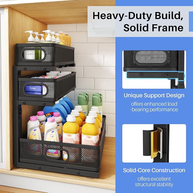 Under Sink Organizer, 3-Tier Thickened Metal Pull out Cabinet Organizer Shelf, Height Adjustable Slide out Storage Drawer Rack for Kitchen Bathroom Pantry Laundry Home Organization, 2-Pack, Black | 35% More Storage Capacity, Carbon Steel, Hold Up 55lbs...