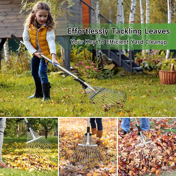 SANLIKE 68" Adjustable Metal Leaf Rake, Heavy Duty Lawn Thatch Rake | Sturdy metal rake head with extendable 68-inch adjustable handle, heavy-duty durable structure for lawn thatch & leaf cleanup
