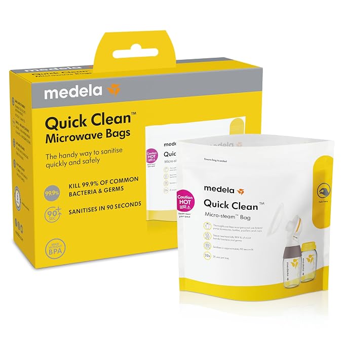 Medela Quick Clean Micro-Steam Bags for Bottles and Breast Pump Parts | Eliminates 99.9% of Common Bacteria and Germs for Easy Disinfecting of Most Breast Pump Accessories | 5 CT
