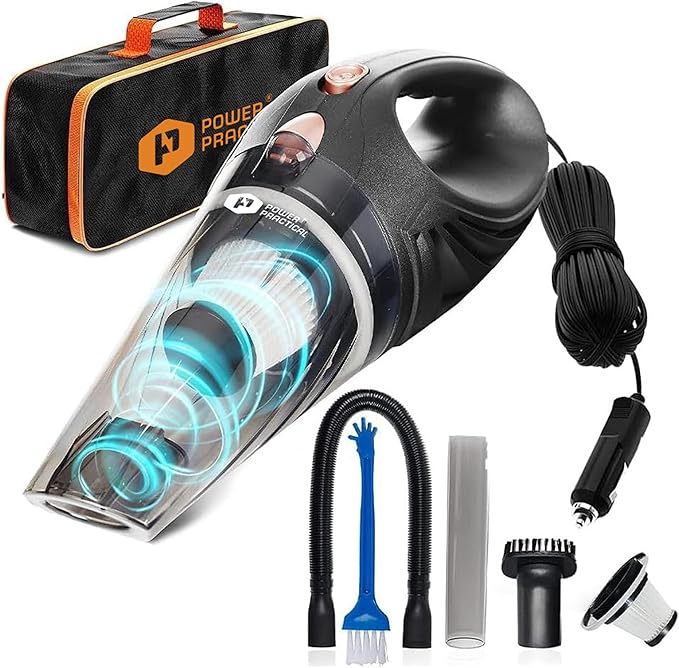 THISWORX Car Vacuum Cleaner - Portable, High Power, Handheld Vacuums w/ 3 Attachments, 16 Ft Cord & Bag - 12v, Auto Accessories Kit for Interior Detailing - Black | 12V High Power, Lightweight Design for Car Interior, RV, Boats & Travel. Includes 3 Att...