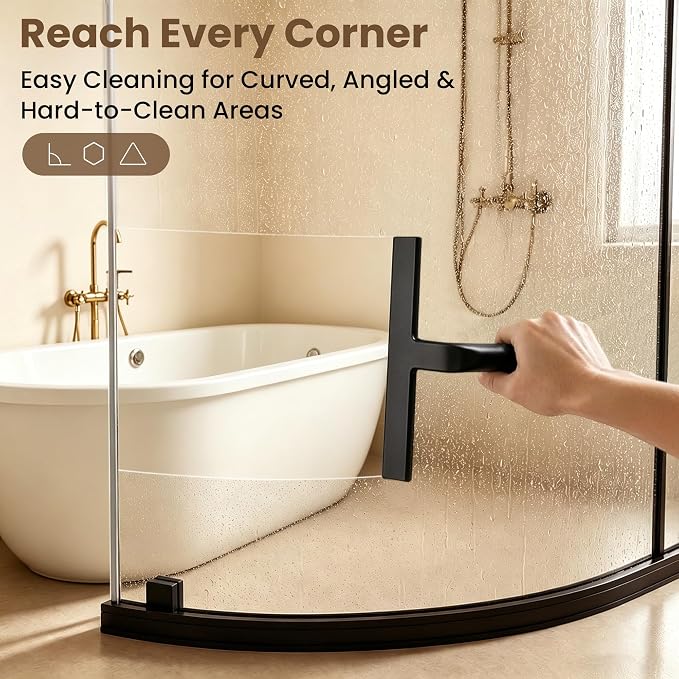 10 Inch Silicone Shower Squeegee for Glass Doors, Streak-Free, Black | No-Squeak Silicone Blade, Ergonomic Round Grip and Built-In Hook for Quick Daily Cleaning of Shower Glass, Tile and Windows