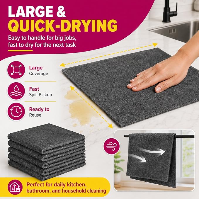 Magic Cleaning Cloths,Thick Microfiber (5PC) | Streak Free For Glass & Kitchen,Microfiber Cleaning Cloths 16x12 Inch, Lint Free Reusable Cleaning Rags