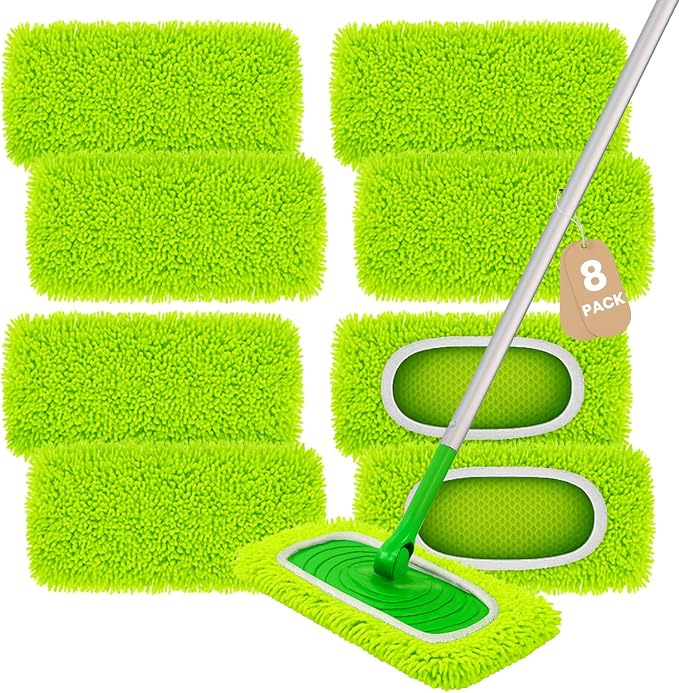 8 Pack Chenille Mop Refill Pads, Reusable Microfiber Mop Pads for 10''–12'' Flat Mops, Washable Dry& Wet Pads Refill for Hardwood, Tile, Compatible with Swiffer Sweeper