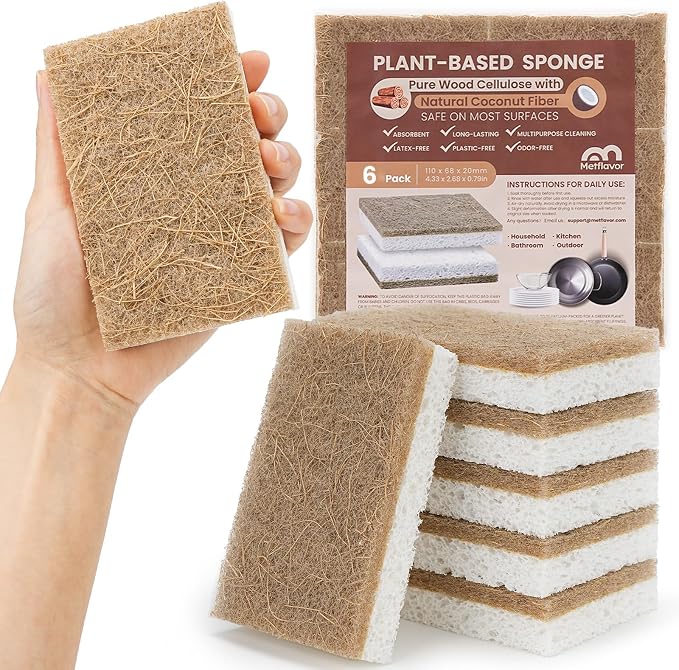 Metflavor Kitchen Sponges, 6 Count, Natural Non-Scratch Cellulose Sponge with Coconut Scrubber for Dishes, Biodegradable & Compostable, Non Toxic Cleaning Sponges for Kitchen, Bathroom, Household