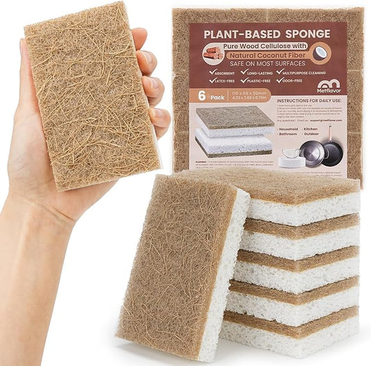Metflavor Kitchen Sponges, 6 Count, Natural Non-Scratch Cellulose Sponge with Coconut Scrubber for Dishes, Biodegradable & Compostable, Non Toxic Cleaning Sponges for Kitchen, Bathroom, Household