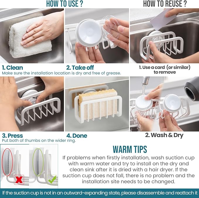 TAILI Sponge Holder for Kitchen Sink with Strong Suction Cup, Rustproof Aluminum Sink Caddy for Sponges, Removable Sponge Holder, Dish Brush for Scraper - White