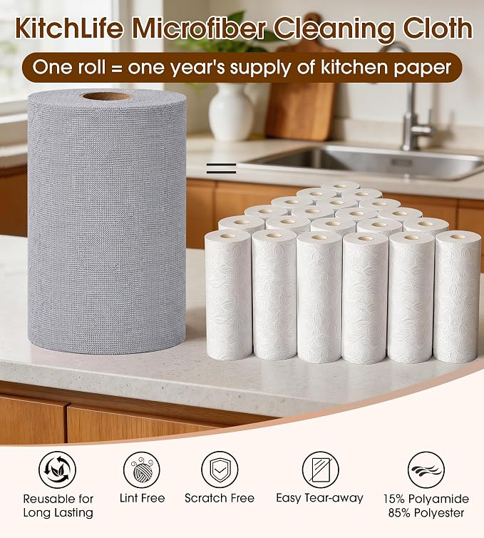 KitchLife Microfiber Cleaning Cloth Roll, 100 Pack - Tear-Away Microfiber Paper Towels, Lint-Free, Reusable, Washable for Kitchen, Car, Dishes, and Sensitive Surfaces (Dark Gray)