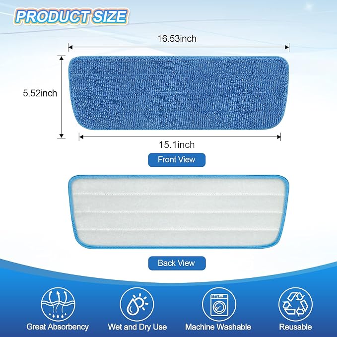 3 Pack Microfiber Mop Pads Replacement for Wet/Dry Mops Floor Cleaning Reusable Mopping Pads Refills for Spray Mops Compatible with Bona Floors Care System and Any Microfiber Flat Spray Mop