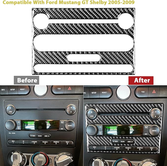 Real Carbon Fiber Trim for Ford Mustang GT Shelby Accessories | for 2005 2006 2007 2008 2009，Radio CD Player Panel Frame，Thick Overlay Sticker Decal