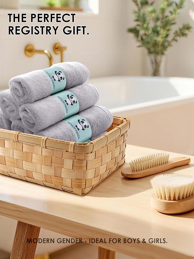 HIPHOP PANDA Baby Washcloths, Rayon Made from Bamboo - 2 Layer Ultra Soft Absorbent Newborn Bath Face Towel - Reusable Baby Wipes for Delicate Skin - Grey, 6 Pack