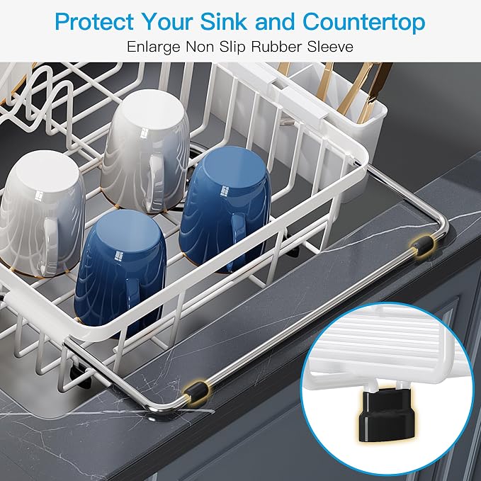 JASIWAY Expandable Stainless Steel White Dish Drying Rack Over The Sink for Small Kitchen, Counter Space Saving Compact Plate Drainer Strainer, Adjustable Hanging Metal Dish Dryer with Utensil Holder
