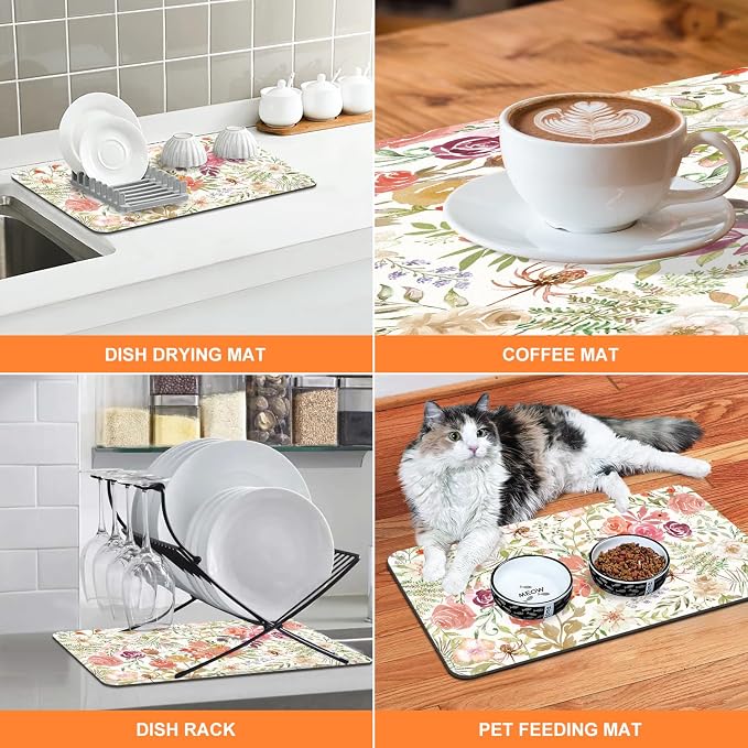 LOKHOM Dish Drying Mat for Kitchen Counter, 12"x20" Absorbent Coffee Bar Mat with Pink Roses Petals , Dish Drainer Rack Mats for Kitchen Counter Coffee Maker Coffee Pot Dining Room Decoration