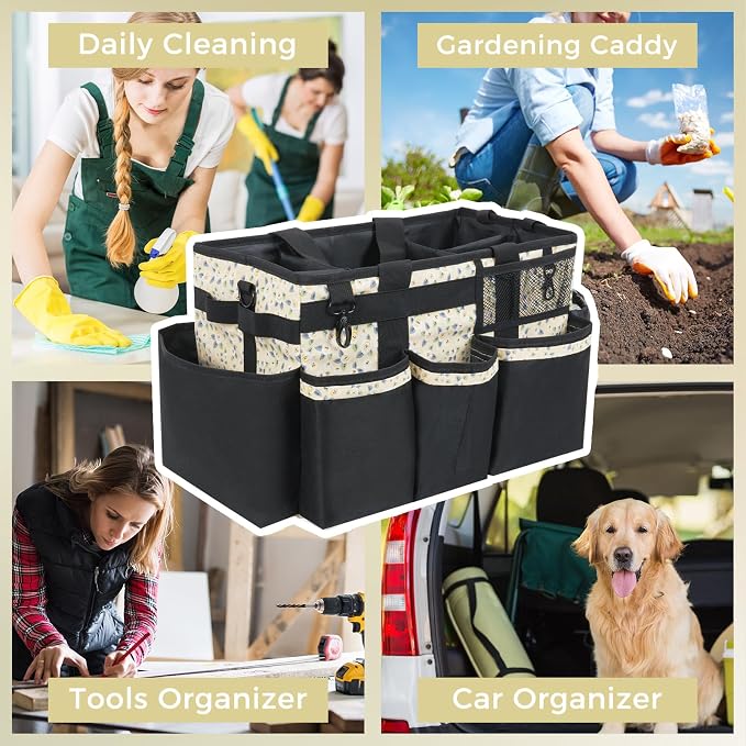 SCAVATA Wearable Cleaning Caddy, Cleaning Caddy Supplies Organizer with Handle & Shoulder Straps for Housekeepers, Under Sink & Car Cleaning Tool Organizers Bag with 4 Foldable Divider (YellowFlower)