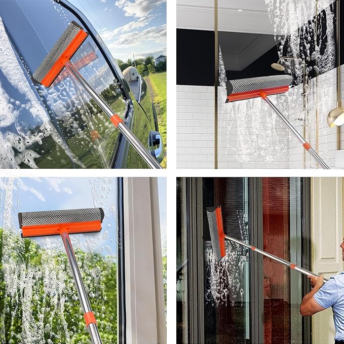 Window Squeegee for Window Cleaning, Squeegee Window Cleaner Tool 2 in 1 Car Window Cleaning Tool with Extension Pole 58‘’ Telescopic Window Washing Equipment, Shower Squeegee for Shower Glass Door