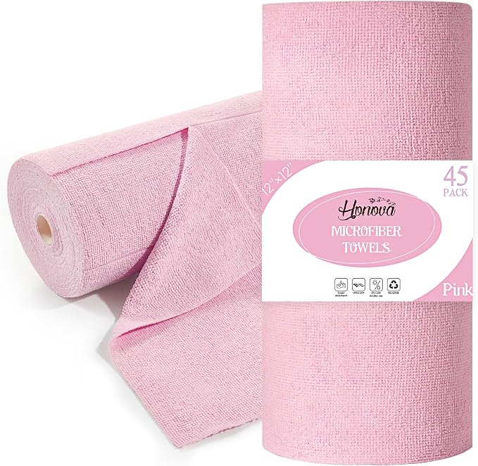 Microfiber Cleaning Cloth Roll 45 Pack, 12"×12", Reusable, Tear Away, Pink | Reusable Paper Towels，Tear Away, Highly Absorbent, Lint Free, All-Purpose Washable for Kitchen, Window, Car, Shop