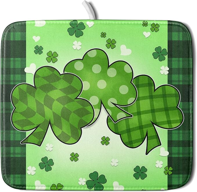St Patrick's Day Shamrocks Dish Drying Mat 16x18 Inch - Lucky Clovers Kitchen Spring Irish Green Buffalo Check Plaid Pad - Absorbent Microfiber for Coffee Bar