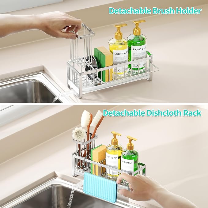 HapiRm Sponge Holder for Kitchen Sink - Self-draining Sink Caddy with Brush and Dishcloth Holder, Stainless Steel Sponge Caddy for Countertop - Silver(Large)