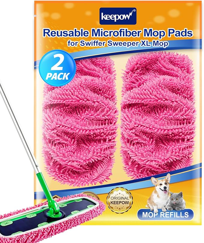 KEEPOW Reusable Microfiber Mop Pads for Swiffer XL Mop | 2 Pack Pink, XL Dry Sweeping Cloths, XL Wet Pads Refills, Heavy Duty Mopping Cloths for Floor Mopping and Sweeping