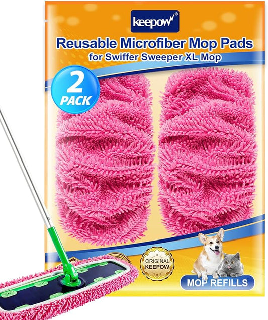 KEEPOW Reusable Microfiber Mop Pads for Swiffer XL Mop | 2 Pack Pink, XL Dry Sweeping Cloths, XL Wet Pads Refills, Heavy Duty Mopping Cloths for Floor Mopping and Sweeping