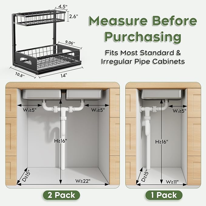 Under Sink Organizer, 2 Pack Cabinet Organizer for Kitchen, Height Adjustable Pull Out Heavy Duty 2 Tier Metal Under Sink Storage for Bathroom Pantry (Black, 2 Pack)