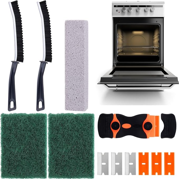 Palksky Heavy Duty Oven Cleaner Tools, Oven Cleaning Accessories, Oven Cleaning Kit with Crevice Cleaning Brush, Razor Blade Scraper, Pumice Stone, Cleaning Rags