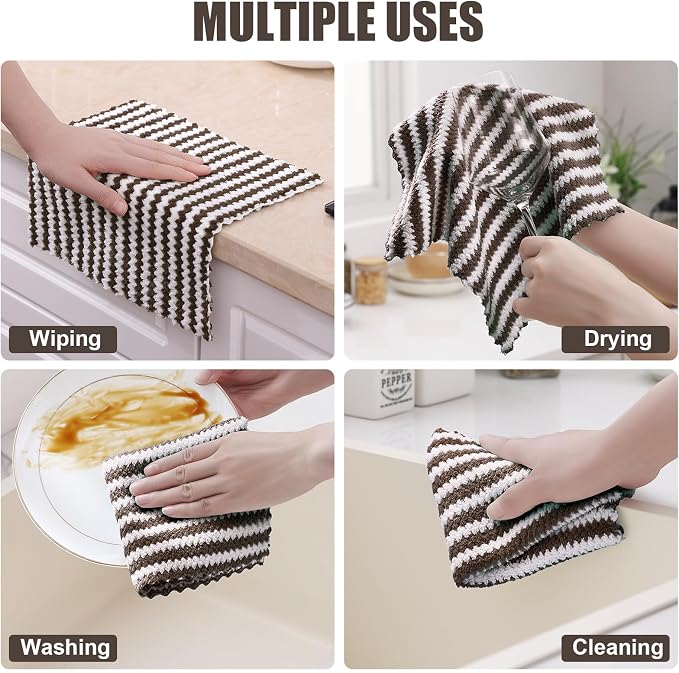 Homaxy 8 Pack Kitchen Towels and Dishcloths Set, 10 x 10 and 10 x 20 Inches, Ultra Soft and Absorbent Coral Velvet Dish Towels, no-lint Reusable Fast Drying Microfiber Cleaning Cloth, Brown