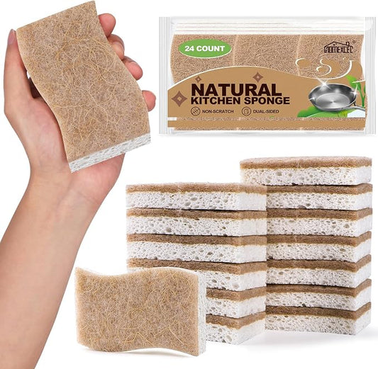 HOMEXCEL Sponges Kitchen, 24 Packs Non-Scratch Natural Sponge for Dishes Cookware, Biodegradable Cellulose Scrub Sponges for Dishwashing Cleaning Household Bathroom