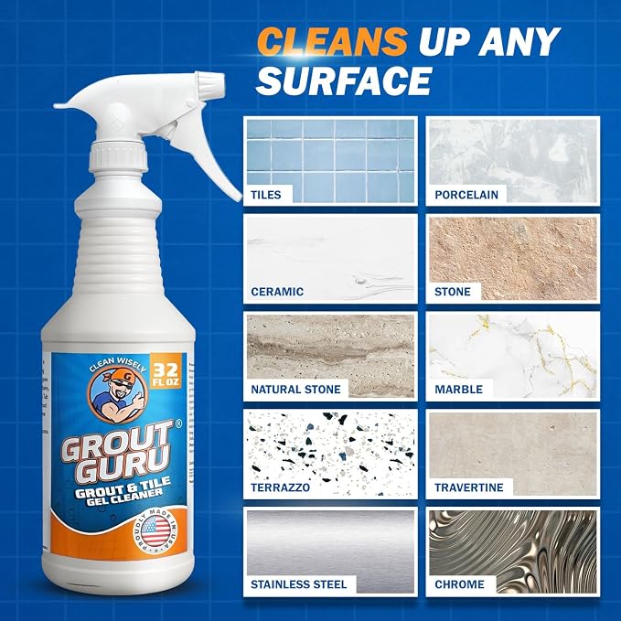 Professional Gel Grout Cleaner Spray, Heavy Duty Tile Grout Cleaner for Tub & Wall, Acid-Free Deep Cleaning Solution, Safe for Marble, Porcelain & Stone, Made in USA, 32 Oz