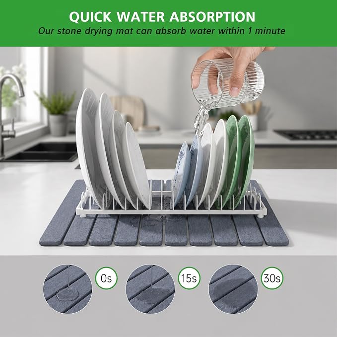 Stone Drying Mat for Kitchen Counter 16x24 Inch, Diatomaceous Dish Drying Mat with Towel Sanding Tool, Fast-Absorbing Quick-Dry Non-Slip Sink Tray ( Grey )