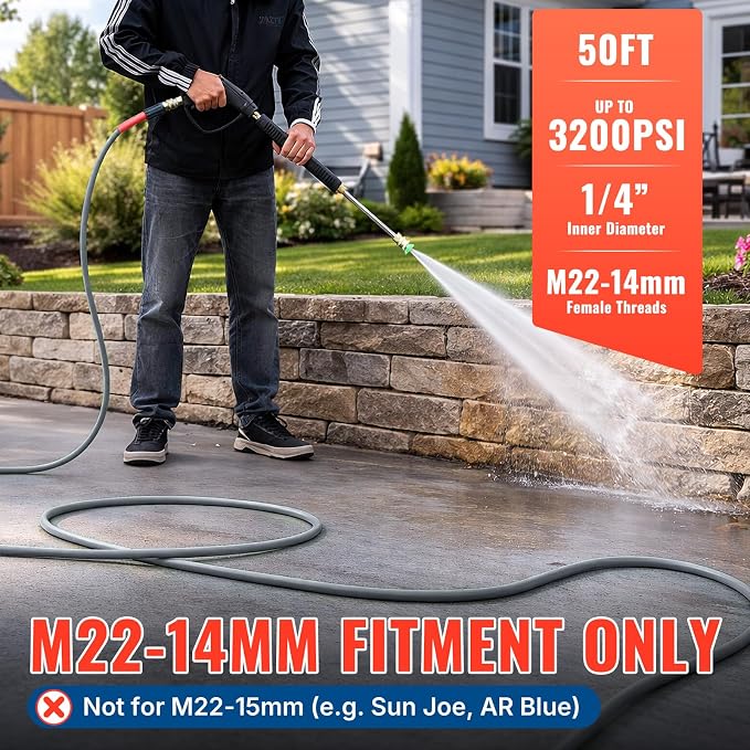 YAMATIC Upgraded Flexible Pressure Washer Hose 50FT 1/4", 3200 PSI Non-Kink Replacement with M22-14mm & 3/8" Quick Connect Adapters, Extension for Gas Power Washer Troy-Bilt Ryobi Honda Craftsman