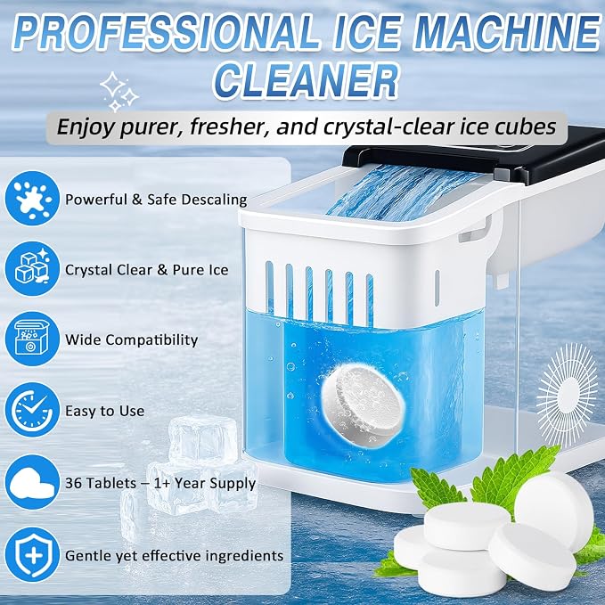 Ice Machine Cleaner Tablets Descaler 36 Pack, Countertop Ice Maker Cleaner Tablets, Nickel Safe, Effective Remove Hard Water & Mineral Buildup for Countertop, Nugget Ice Makers,Crystal Clear Ice