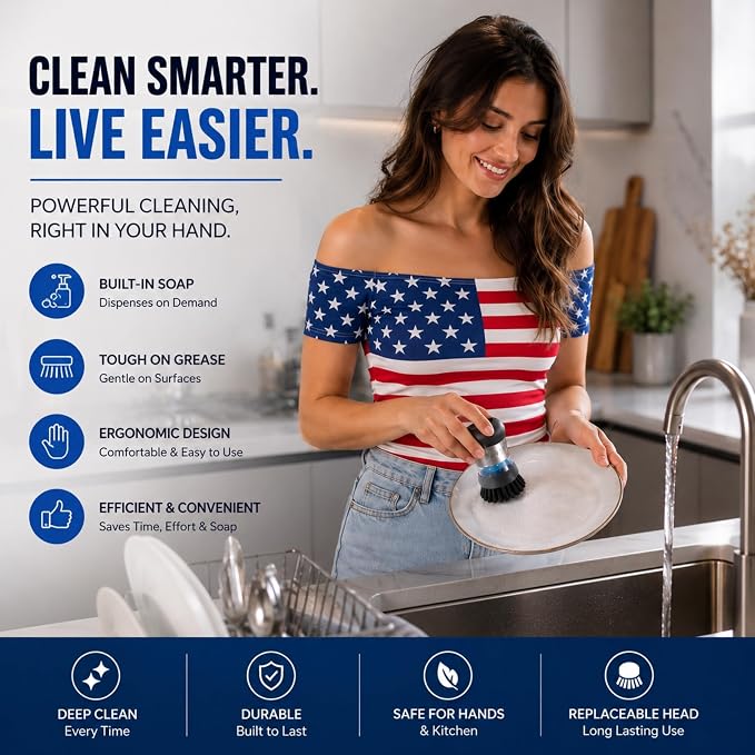 Soap Dispensing Palm Brush 2 Pack, Dish Scrubber with Built in Soap Dispenser, Stainless Steel Body, Replaceable Brush Head, Non Scratch Nylon Bristles for Dishes, Pots, Pans, Nonstick Cookware