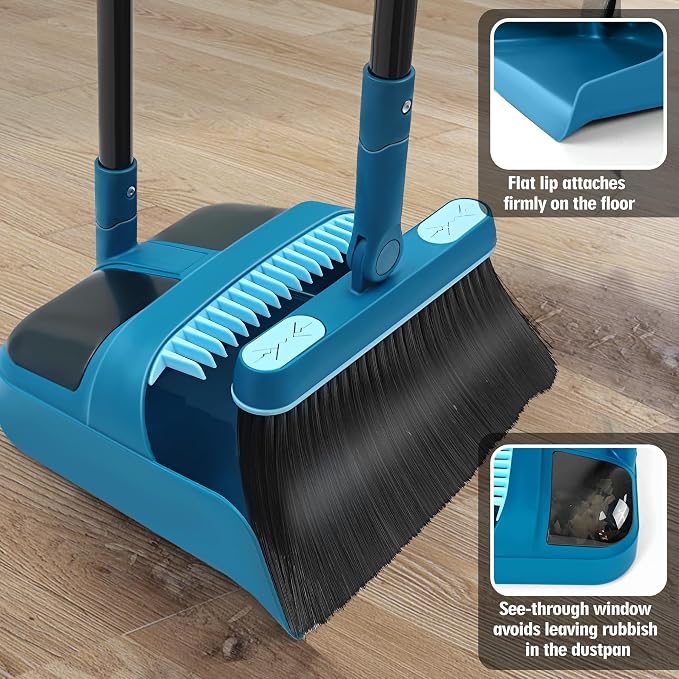 JEHONN Dustpan and Brush Set, 54 inches Long Handle Swivel Broom, Upright Foldable Dust Pan with Comb Teeth for Home Kitchen Lobby Indoor Floor Cleaning(Blue)