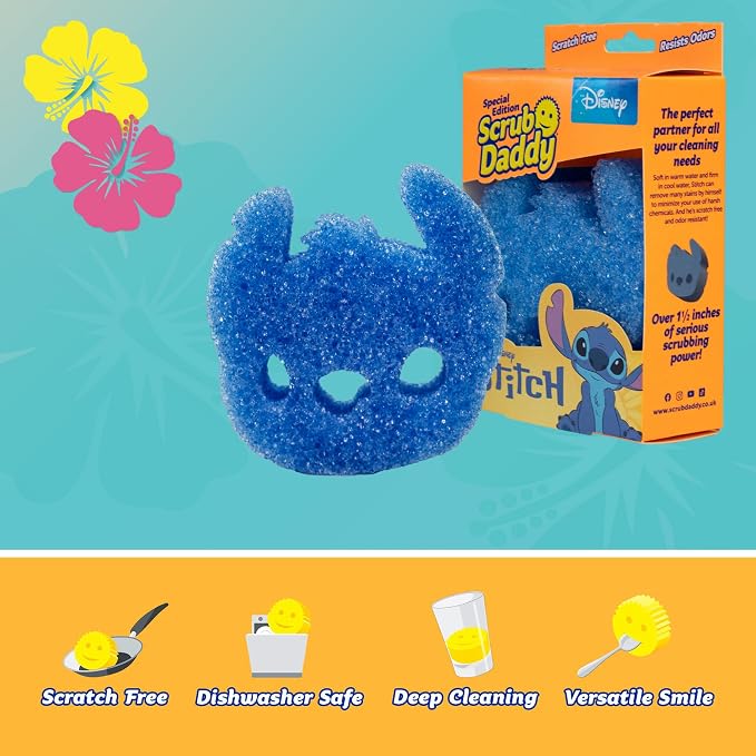 Scrub Daddy Disney Stitch Dish Sponge Twin Pack, Smiley Face Sponges for Cleaning & Washing Up - Kitchen Non Scratch Scourers with FlexTexture Firm & Soft Scrubbing, Dishwashing Scrubber