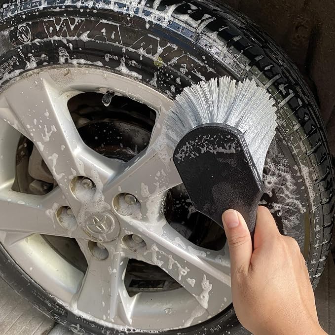 Wheel & Tire Brush for Car Rim, Soft Bristle Car Wash Brush, Cleans Tires & Releases Dirt and Road Grime, Short Handle for Easy Scrubbing Black | Car Tire Brush Cleans Tires & Releases Dirt and Road Grime, Short Handle Wheel Brush for Easy Scrubbing Black