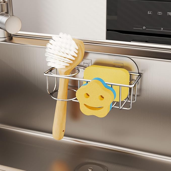 HapiRm Sink Caddy Sponge Holder - No Drill Kitchen Sink Organzier with Smiley Face Sponge Holder, Rustproof and Waterproof Kitchen Organizer - Silver