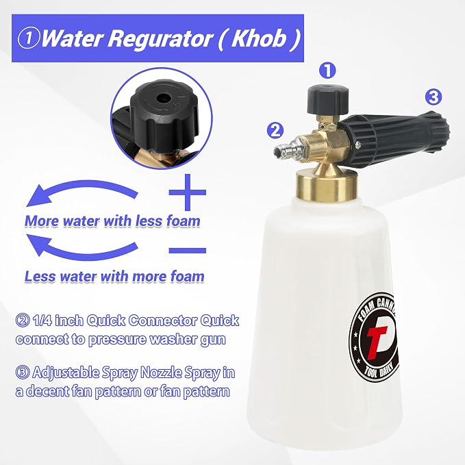 Tool Daily Foam Cannon for Pressure Washer with Dual Connector, 1.5 Liter | Wide Mouth Soap Cannon, Additional Orifice Nozzle 1.1mm, 5 Power Washer Sprayer Nozzles, 1/4 Inch Quick Connect, 3600 PSI