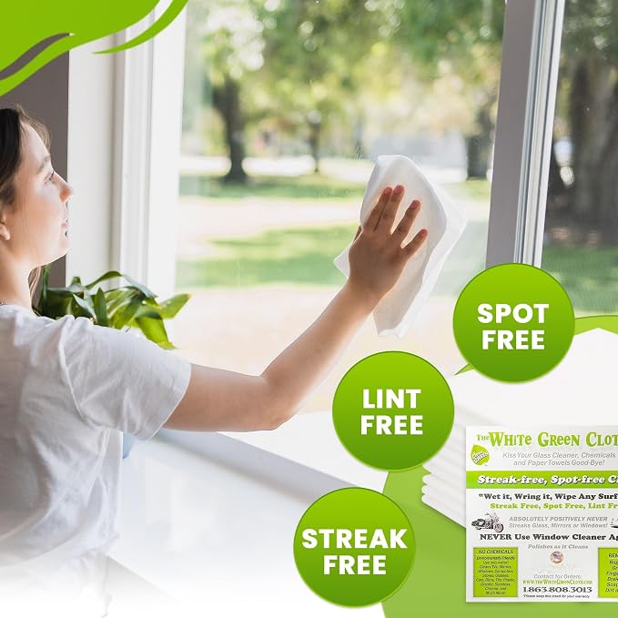 The White Green Cloth 10-Pack Reusable Cleaning Cloths for Streak-Free Windows, Mirrors & All-Purpose Cleaning – Chemical-Free, Absorbent, Non-Abrasive, 16" x 16" White Cleaning Rags, Made in The USA