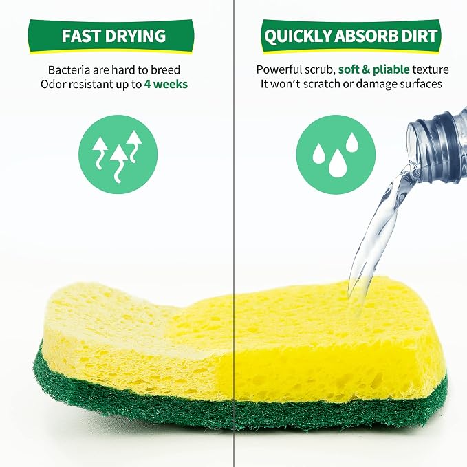 Heavy Duty Sponges, 12 Pack Cellulose Scrub Sponge, Dual-Sided Kitchen Sponge, Multipurpose Sturdy Ergonomic Design for Kitchen Dishwashing, Uncoated Cookware, Sink, and Countertops