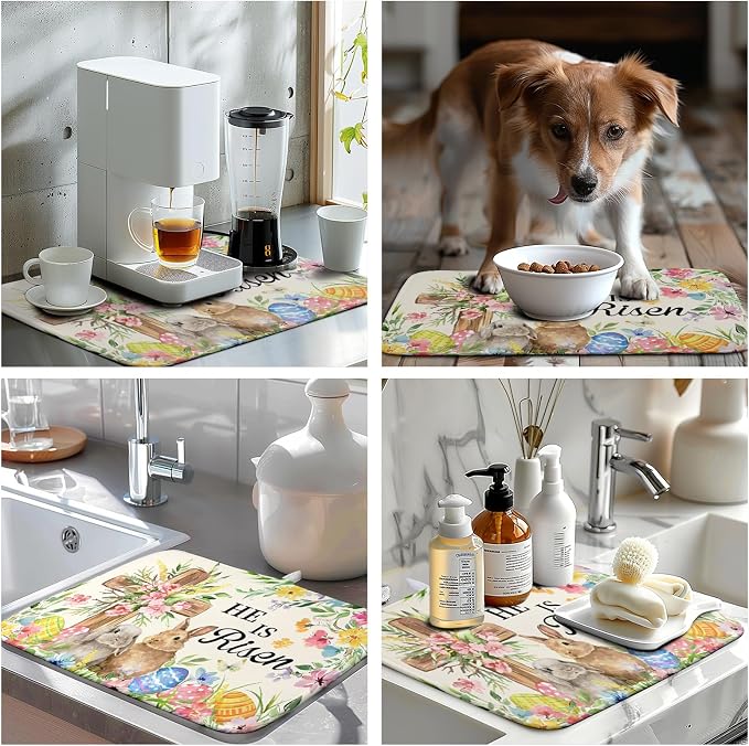 Easter He Is Risen Bunny Dish Drying Mat for Kitchen Counter Spring Easter Cross Floral Eggs Drying Pad 16x18 In Microfiber Absorbent Holiday Dishes Drainer for Kitchen Counter Tableware