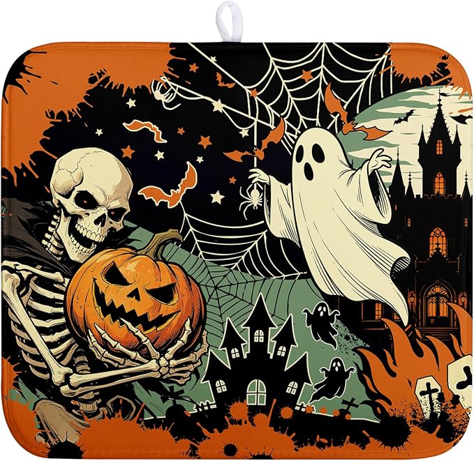 Halloween Ghost Skeleton Dish Drying Mat for Kitchen Counter 16x18 Spooky Skull Pumpkin Bat Fall Dish Mat Orange Black Holiday Dishes Drying Pad Absorbent Microfiber Dish Drainer Mats